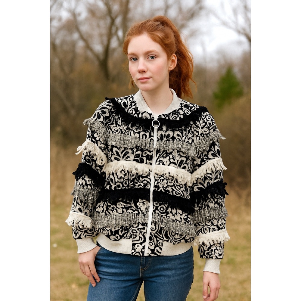 Paula Sweet Muslin Mink Jacket Womens Size Large Black White Fringe Art To Wear